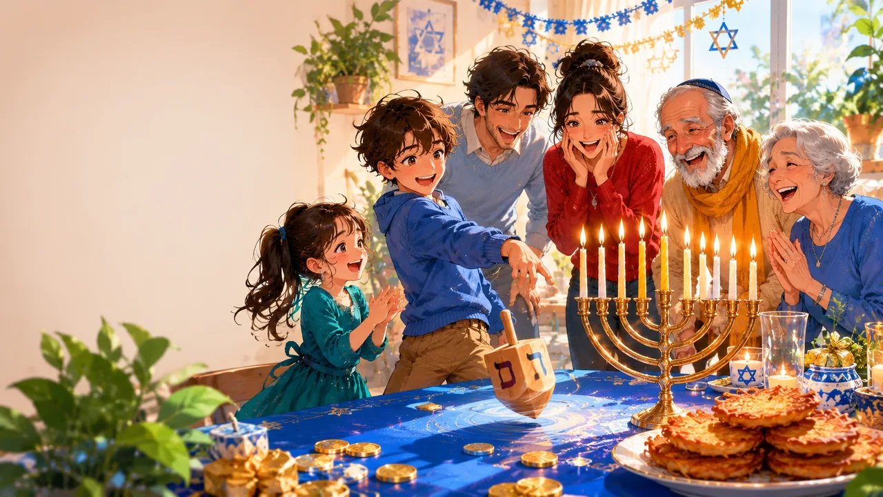 A family of three generations around the menorah, a boy spinning the dreidel, everyone laughing